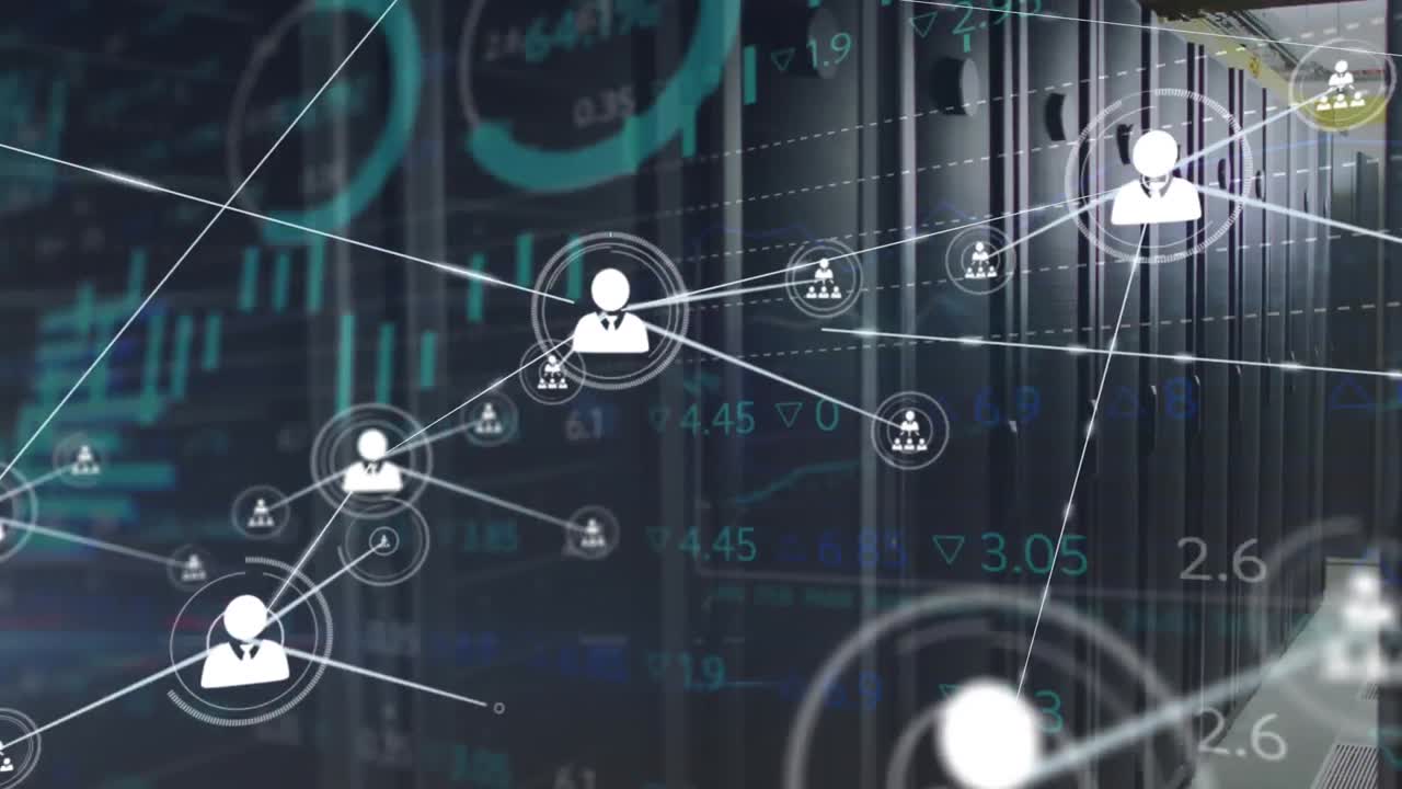 Animation of connected icons, graphs, trading board against server room in background