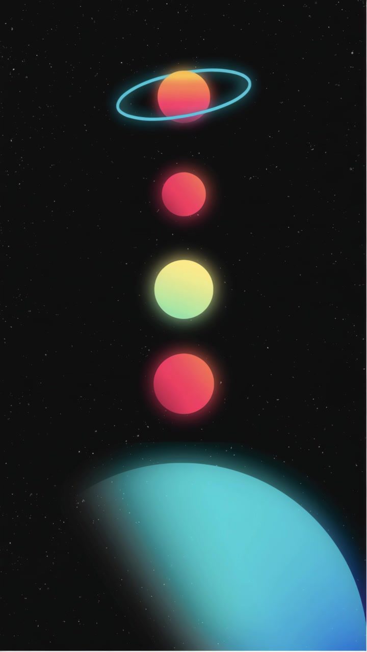 Minimalist Animation of Colorful Planets and a Rotating Ring in Space
