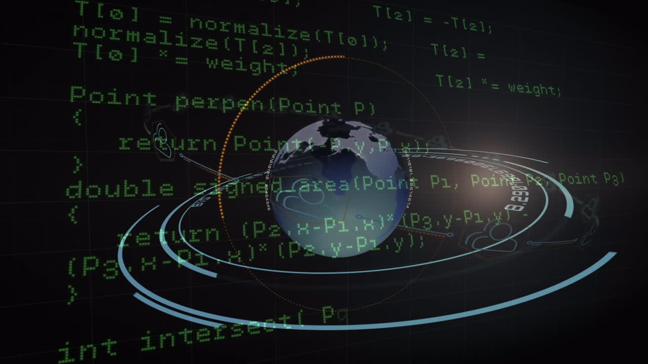 procesamiento de datos y globo giratorio sobre escáner redondo contra fondo negro