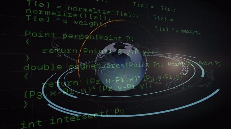 Data processing and spinning globe over round scanner against black background