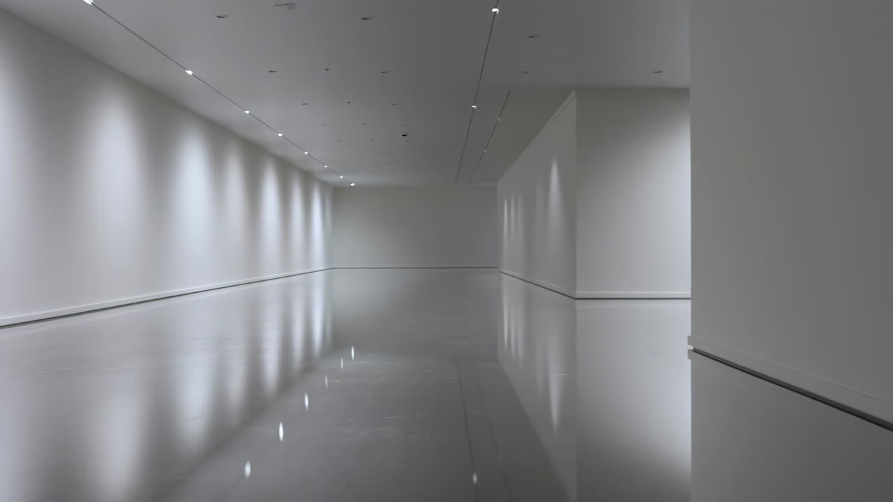 Empty Modern Gallery Hallway with Polished Floor and Spotlights