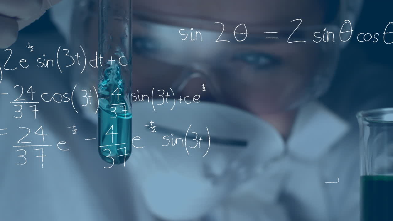 Animation of mathematical equations over female scientist holding test tube