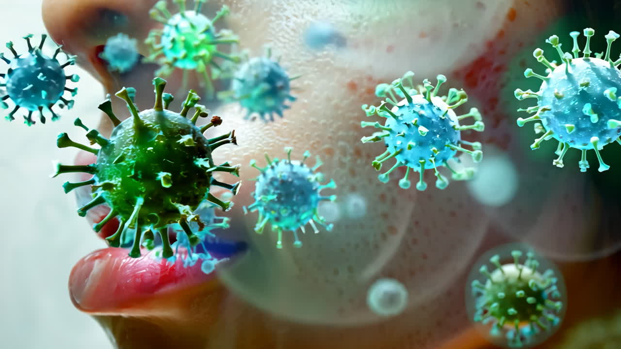 A woman's face is covered in smoke and green mold. The image is a representation of a virus or bacteria spreading through the body. Scene is ominous and foreboding