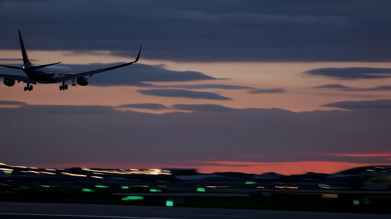 aterrizaje del avión al atardecer