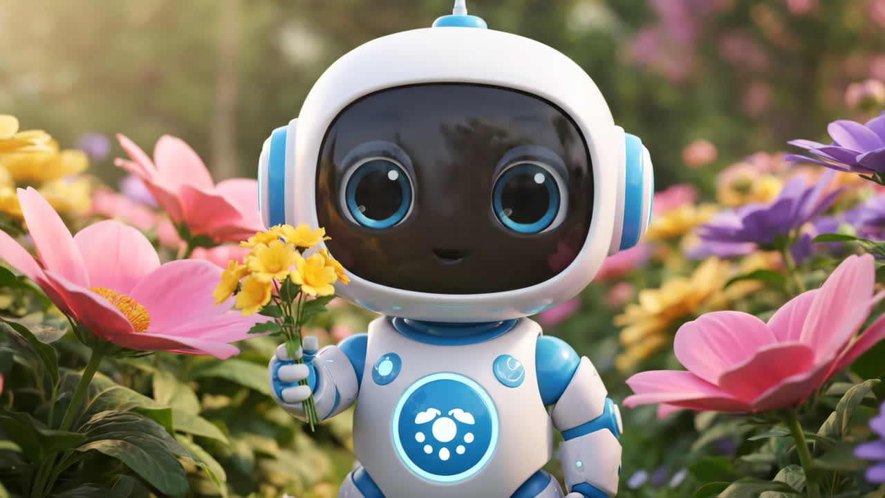 Cute Robot in a Colorful Flower Garden