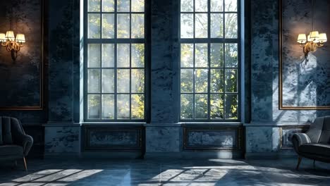 a dark room with two chairs in front of a large window