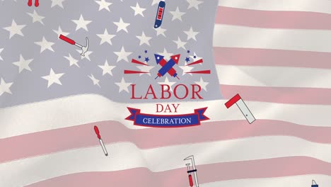 Animation-of-labor-day-celebration-text-over-tools-and-american-flag