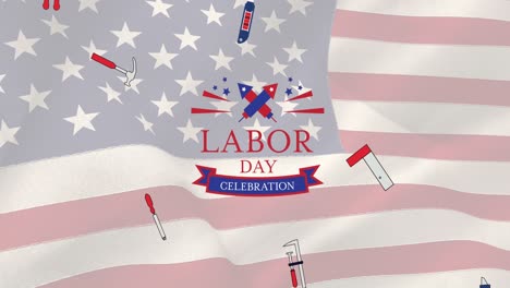 Animation-Des-Texts-Zur-Feier-Des-Labor-Day-über-Werkzeugen-Und-Amerikanischer-Flagge