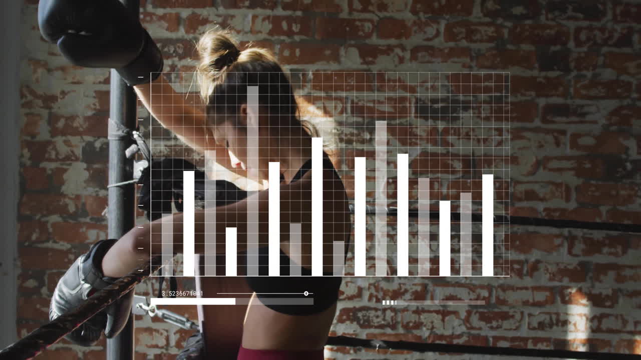 Woman boxing in gym with data processing animation over brick wall background