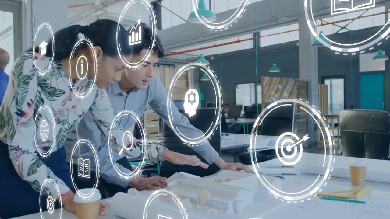 다양한 사업가들이 일을 논의하는 비즈니스 아이콘의 애니메이션