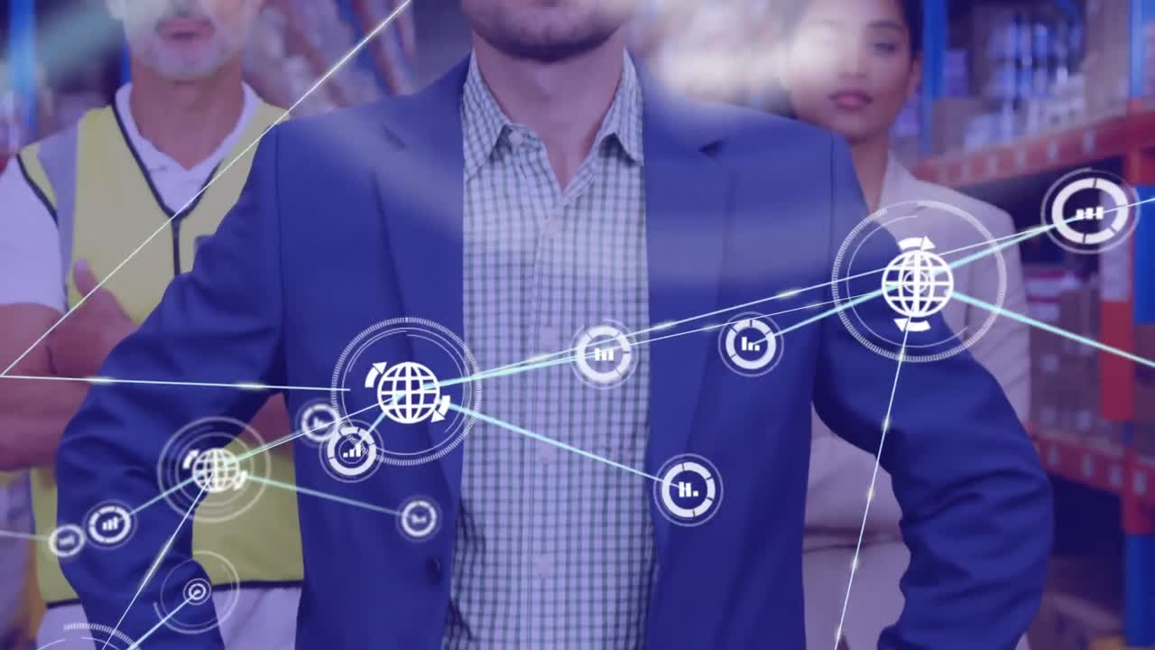 red de iconos digitales sobre retratos de supervisores masculinos y femeninos y trabajadores masculinos en el almacén