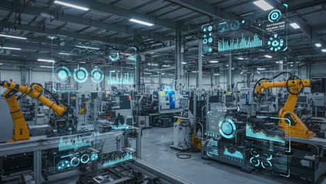 automation in action: advanced robotics and data visualization in a high-tech manufacturing facility showcasing modern industry innovations