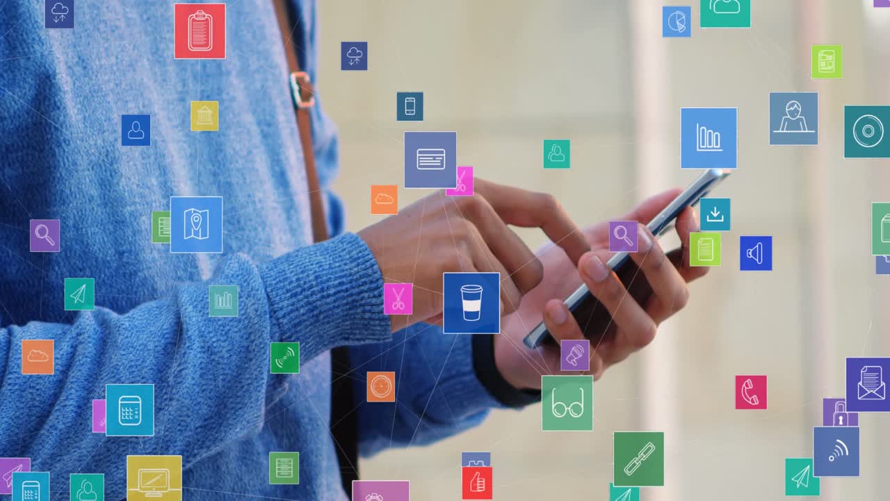 animación de la red de conexiones con iconos sobre el hombre usando un teléfono inteligente