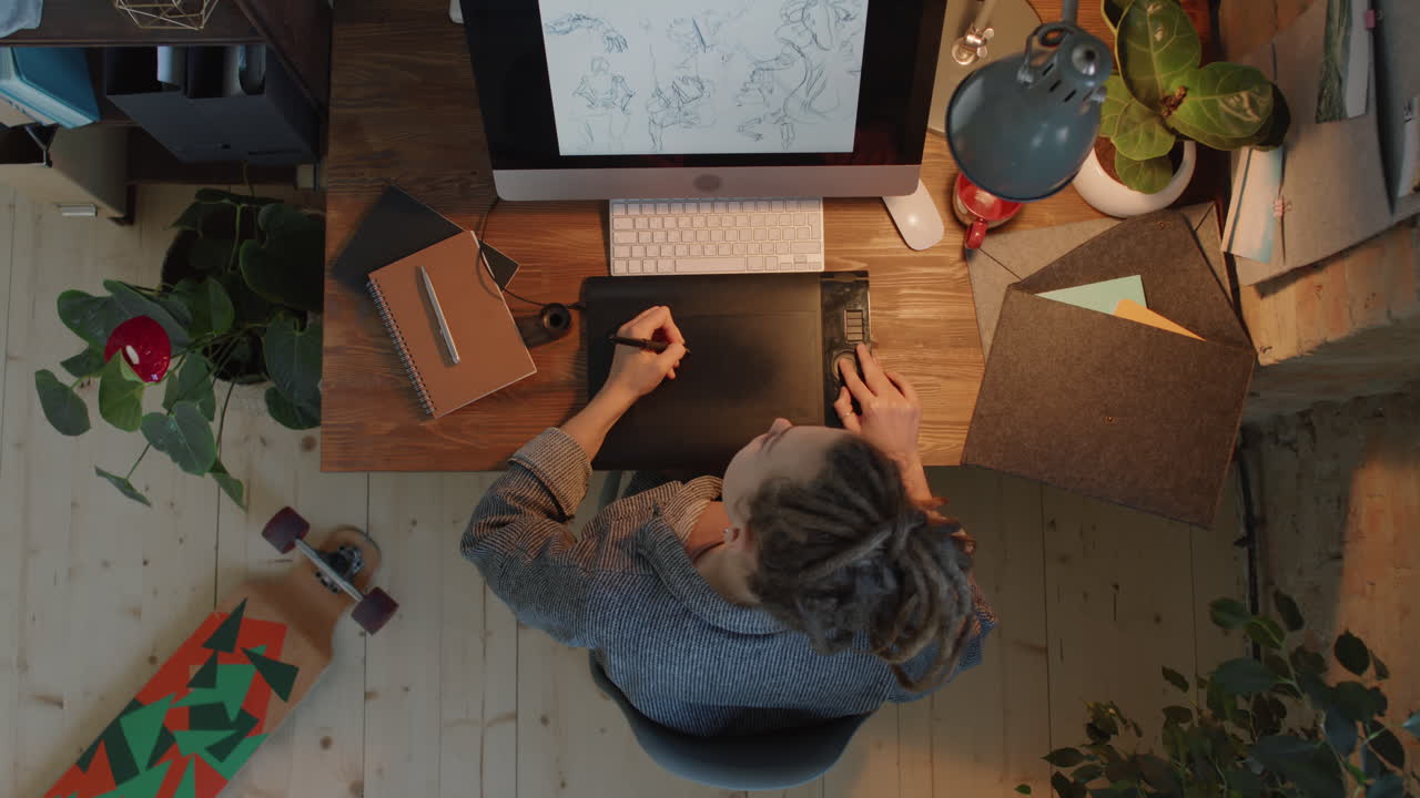 Top-View Of Graphic Designer Working On Tablet
