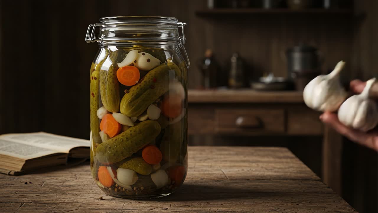 A Visual Journey of Pickling: Preserved Cucumbers and Vegetables Showcasing the Art of Fermentation with Rustic Kitchen Ambiance