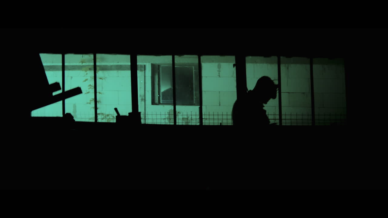 Silhouette of person at night window