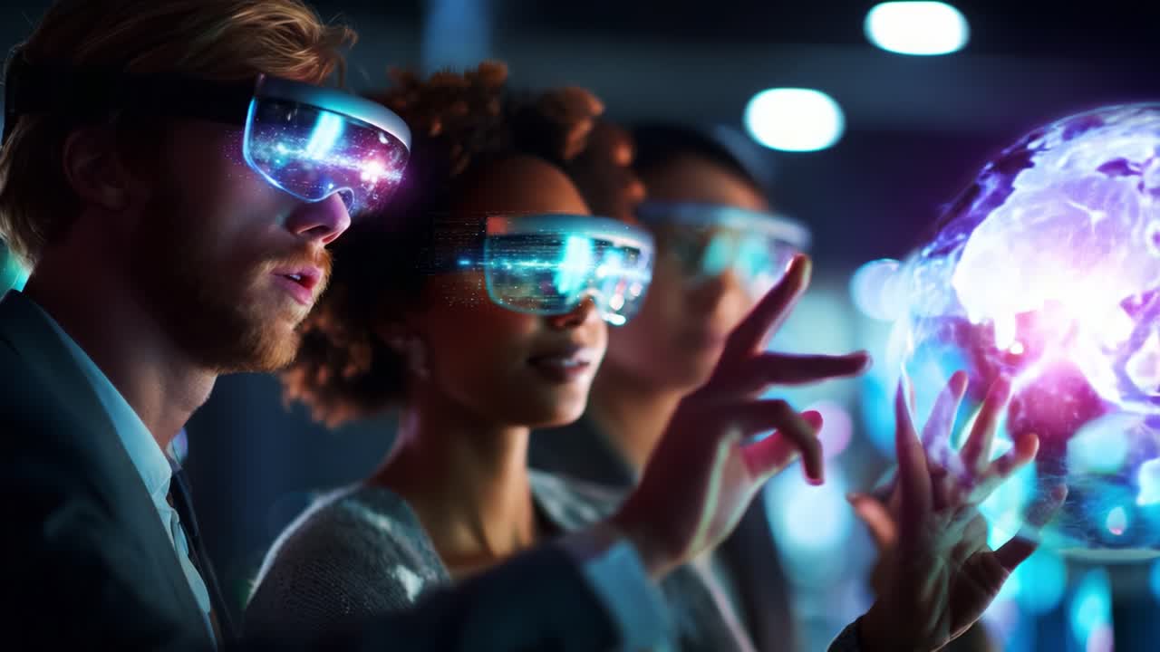Futuristic Exploration of Innovation: A Diverse Group Engaged with Advanced Holographic Technology, Delving into the Insights of the Digital Universe Through Interactive Visualizations