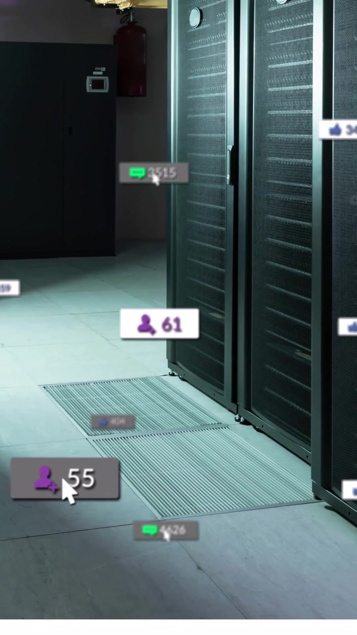 Animation af notifikation med talikoner over et serverrum