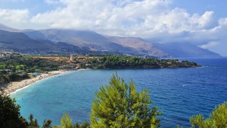 Panning-of-Guidaloca-beach-popular-Italian-tourist-destination-in-Sicily-near-Scopello