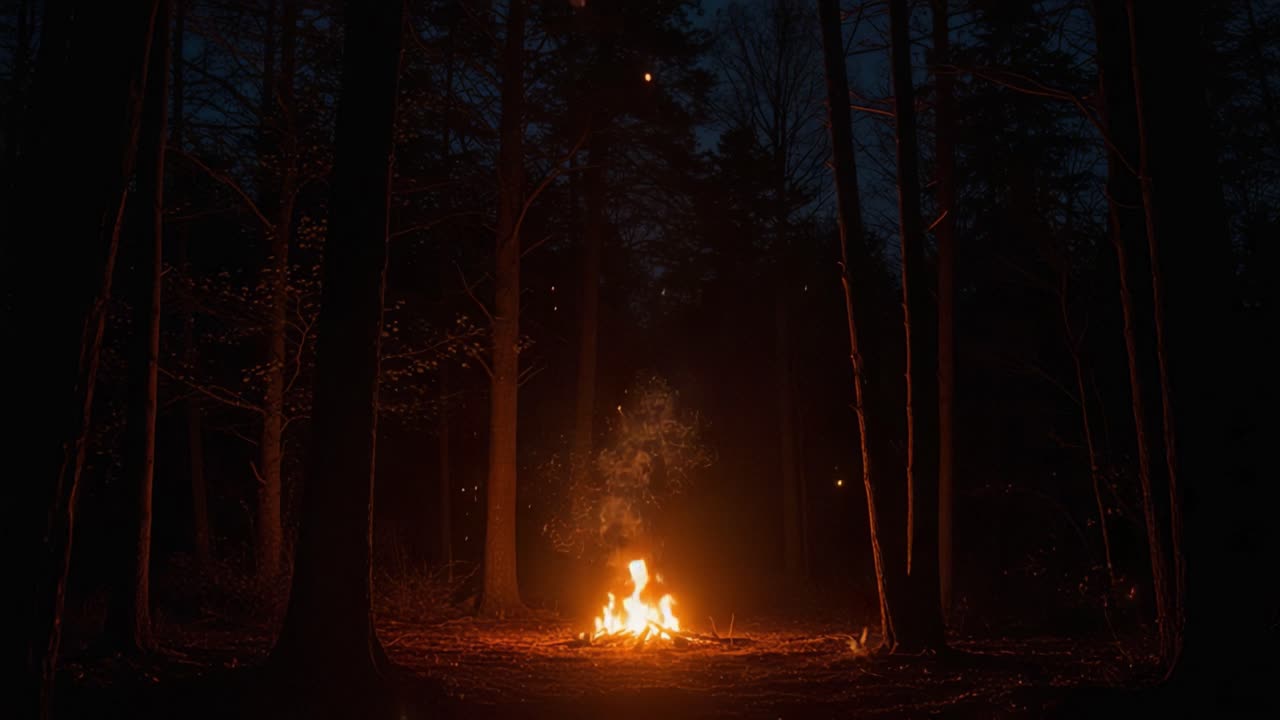 Captivating Night Scene Featuring a Glowing Campfire Surrounded by Tall Trees, Illuminating the Darkness with Flickering Flames and Magical Sparks in the Air