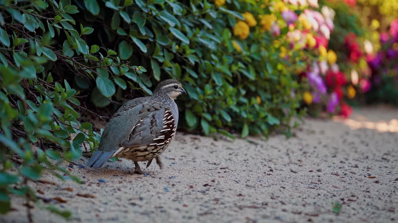 Quail bird moves steadily along sandy pathway, framed by colorful flowers and rich foliage, capturing the essence of wildlife in a tranquil garden setting