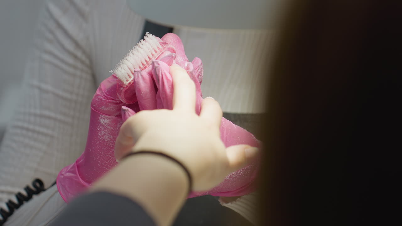 Nail technician wearing pink gloves using brush to clean customer's nails under bright salon lamp, with customer wearing black bracelet and part of customer's head slightly visible in soft focus