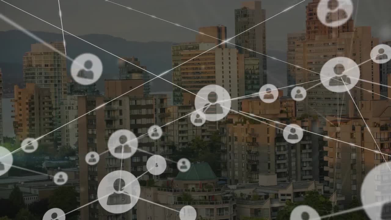 도시 풍경 위의 아이콘으로 연결된 네트워크의 애니메이션
