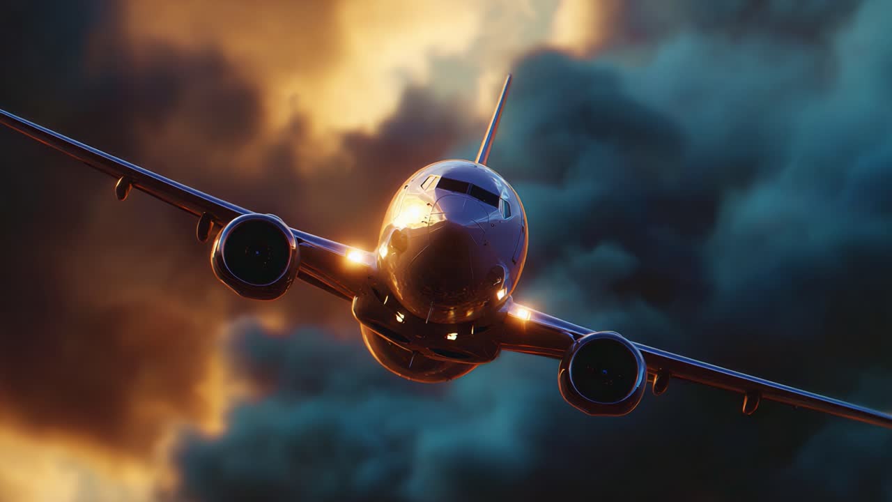Una rappresentazione drammatica di un aeromobile che solca nuvole scure e turbolente al tramonto, che mette in mostra l'essenza dell'aviazione e il brivido del volo