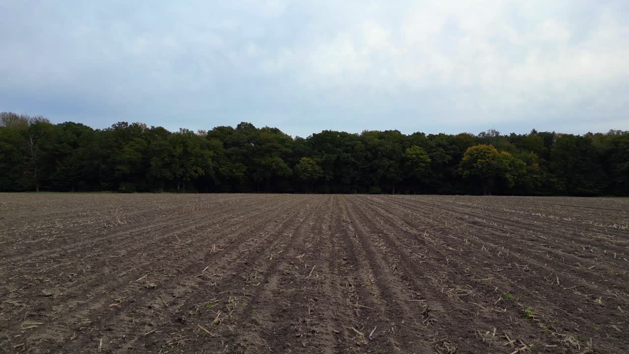the edge of a forest bordering a plowed field in germany. Spectacular aerial view flight dolly left drone