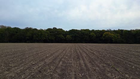 the edge of a forest bordering a plowed field in germany. spectacular aerial view flight dolly left drone