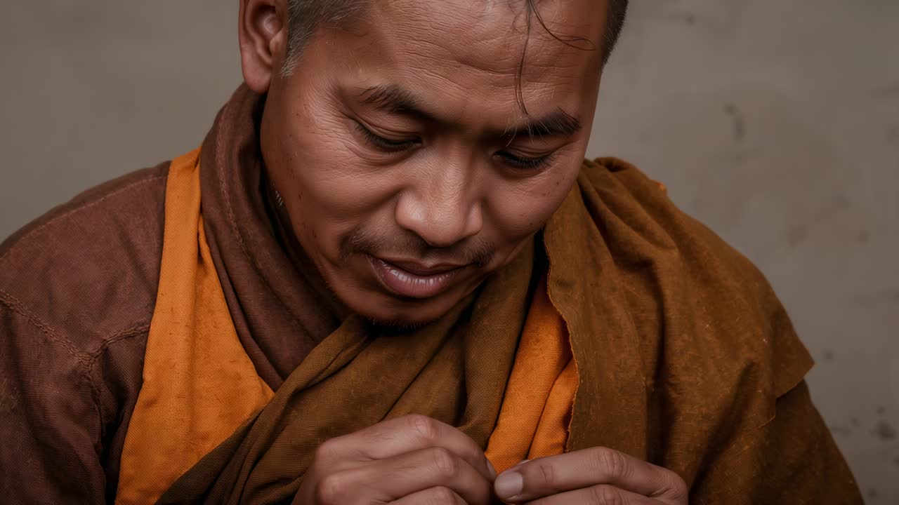 Lowering gaze, adult monk inspecting prayer bead in simple room, wearing saffron and brown robes