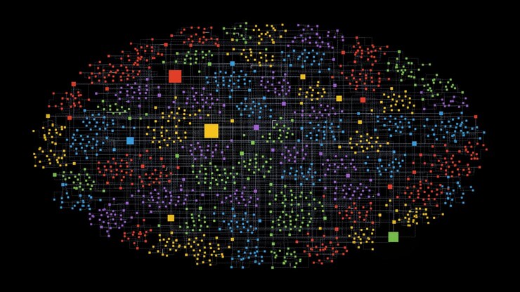 Vibrant network of colorful digital nodes pulses and connects in a seamless loop, abstract neural network processing complex data through glowing communication lines
