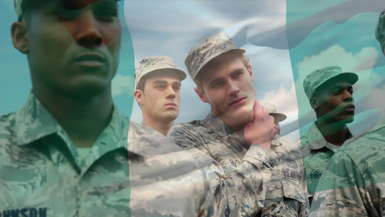 анимация флага нигерии, размахивающего над различными солдатами