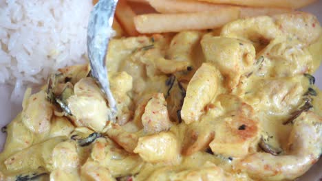 chicken curry with rice and fries