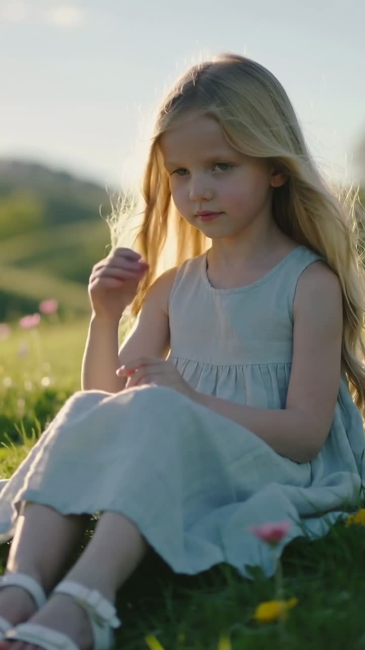 Vídeo vertical: vento soprando em garota que protege os olhos do sol, prendendo o cabelo na colina, com vestido azul e sandálias