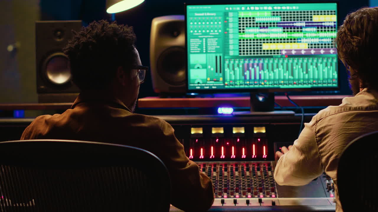 Diverse team collaborating on creating a new hit song in control room