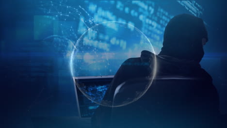 animación del globo y las redes de conexiones a través de hacker con computadora portátil