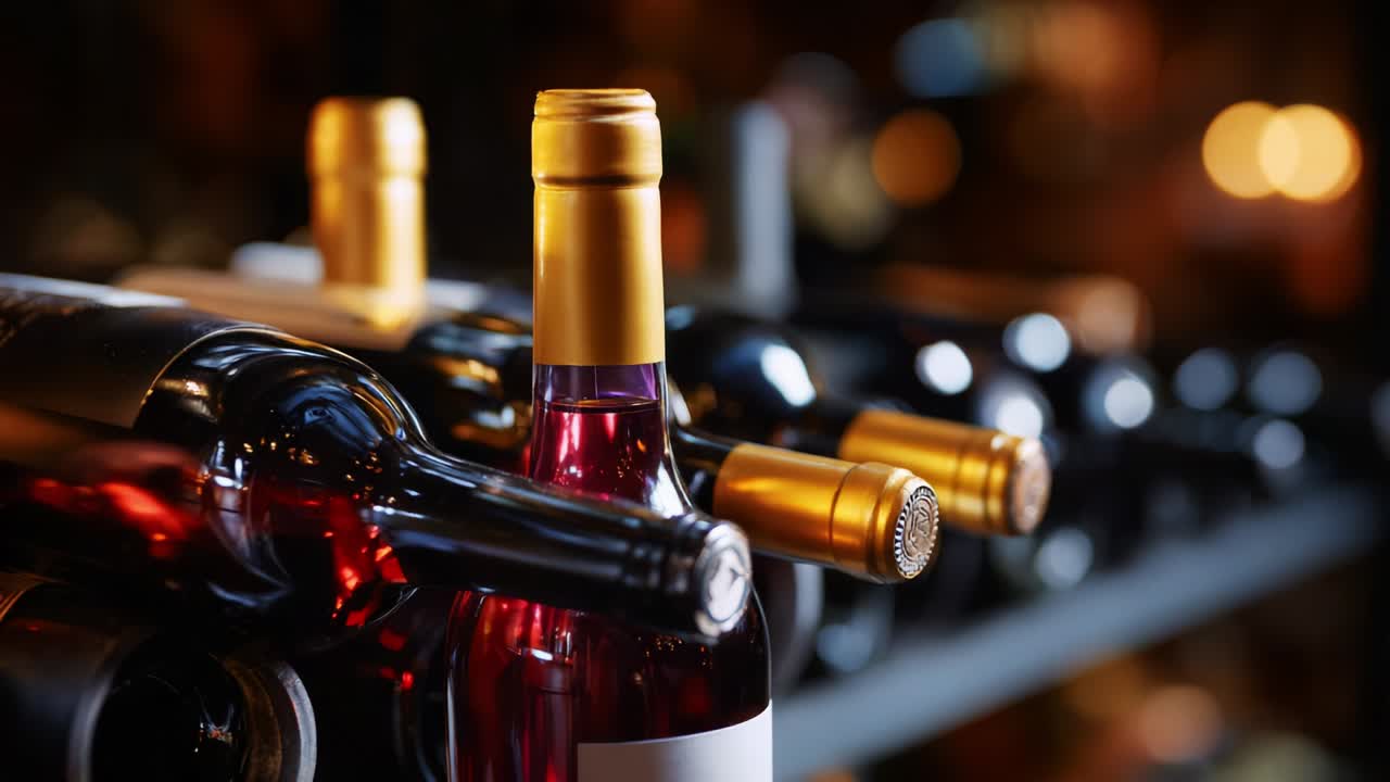 A Close-Up View of Elegant Wine Bottles in a Dimly Lit Setting Highlighting Their Unique Colors, Labels, and Bottle Tops, Perfect for Showcasing Fine Vintages in a Wine Enthusiast's Collection