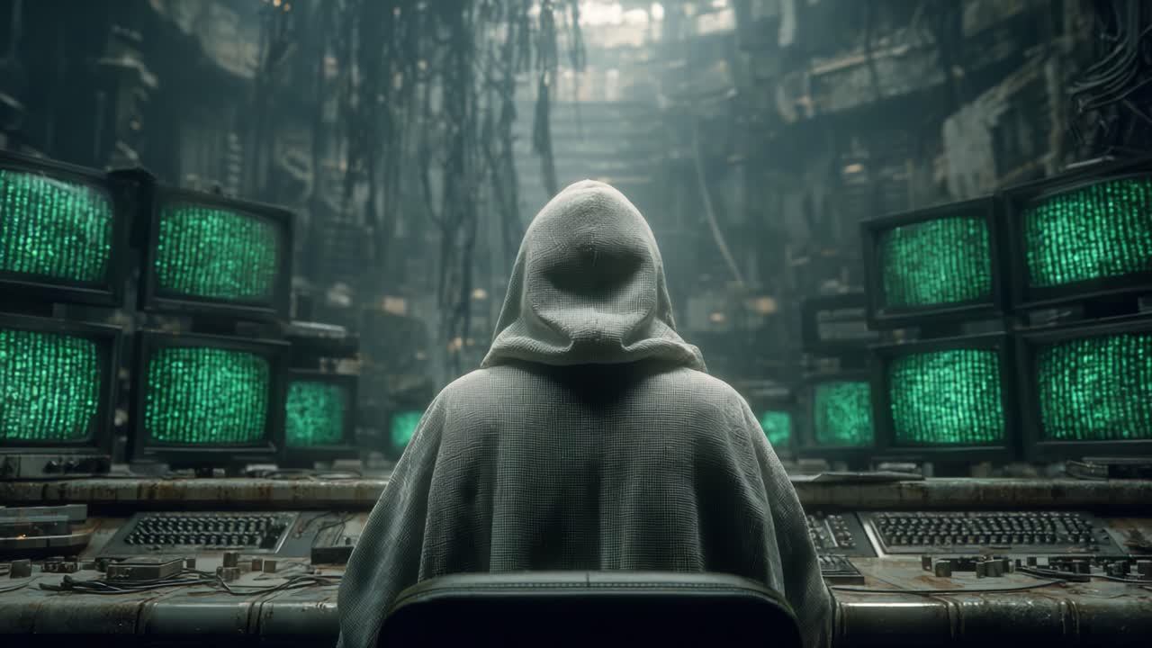 Mysterious Figure in a Dark, High-Tech Control Room Surrounded by Glowing Green Screens, Engaging with Intricate Computer Systems and Data Streams