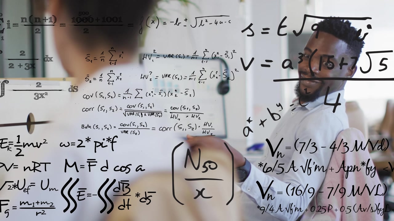 Animation of mathematical equations over diverse business people using computer