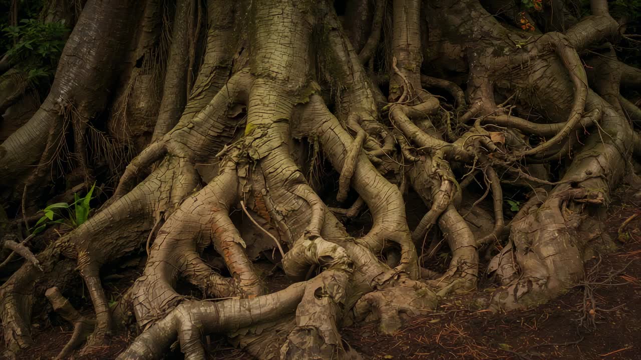 Tightening camera framing focusing on lower trunk and buttress roots at forest floor, with moss