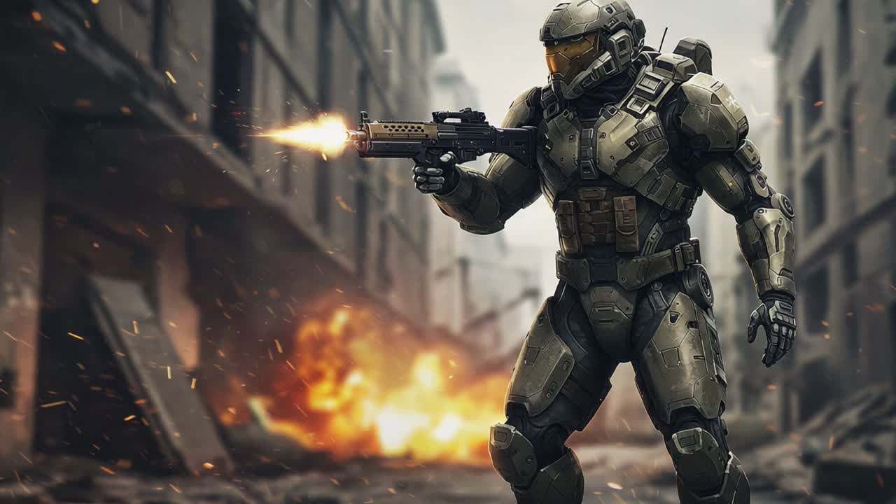 A futuristic soldier in tactical armor stands poised in a war-torn environment, firing a weapon amidst chaos, showcasing a scene of intense action and bravery