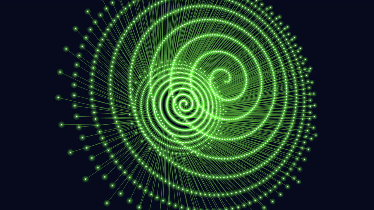 Dynamic glowing green spiral particle network expanding on a dark background, ideal abstract footage for technology, data visualization, science, innovation and digital communication themes