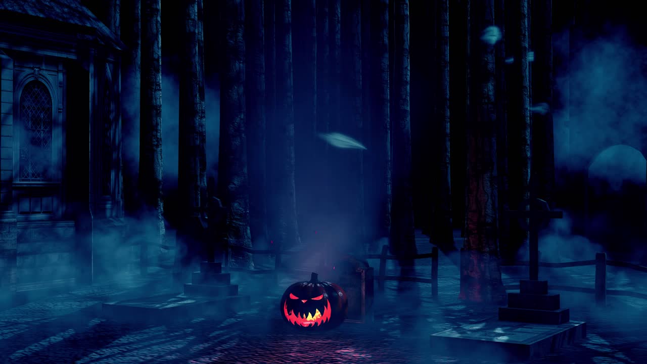 유령이 날아다니는 묘지의 할로윈 무서운 호박, 안개, 땅 안개, 유령의 숲, 오래된 교회 건물, 불타는 3d 애니메이션