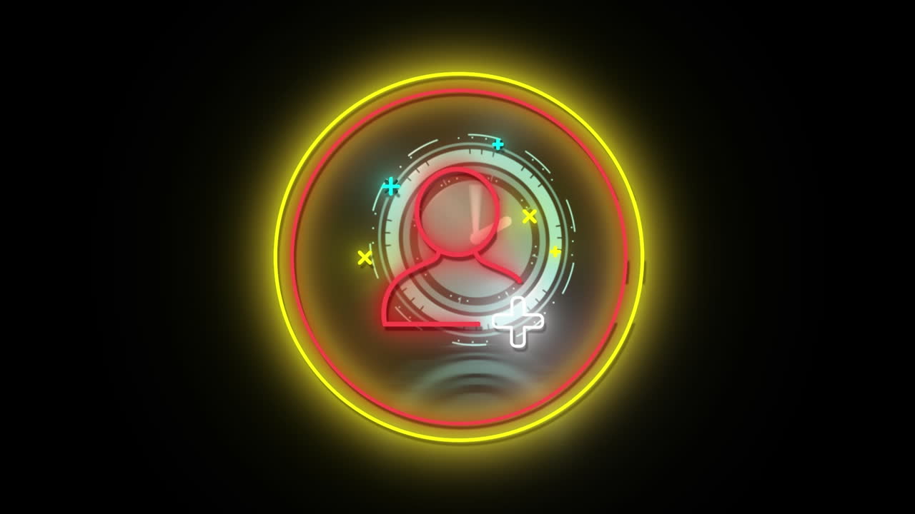 animación del icono de persona de neón rojo en anillos amarillos y rojos, con reloj y cruz parpadeante en negro