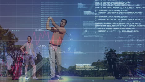 animación de gráficos, códigos binarios y lenguaje de computadora, jugador caucásico golpeando una pelota de golf