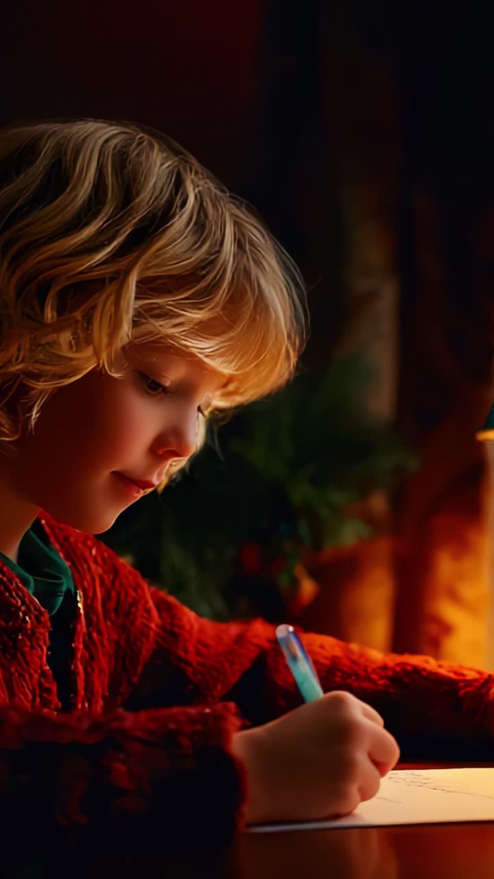A Young Child Deep in Concentration While Writing at a Table, Surrounded by a Warm and Cozy Atmosphere with Soft Lighting and the Intriguing Glow of a Nearby Table Lamp, Capturing a Moment of Creative Focus