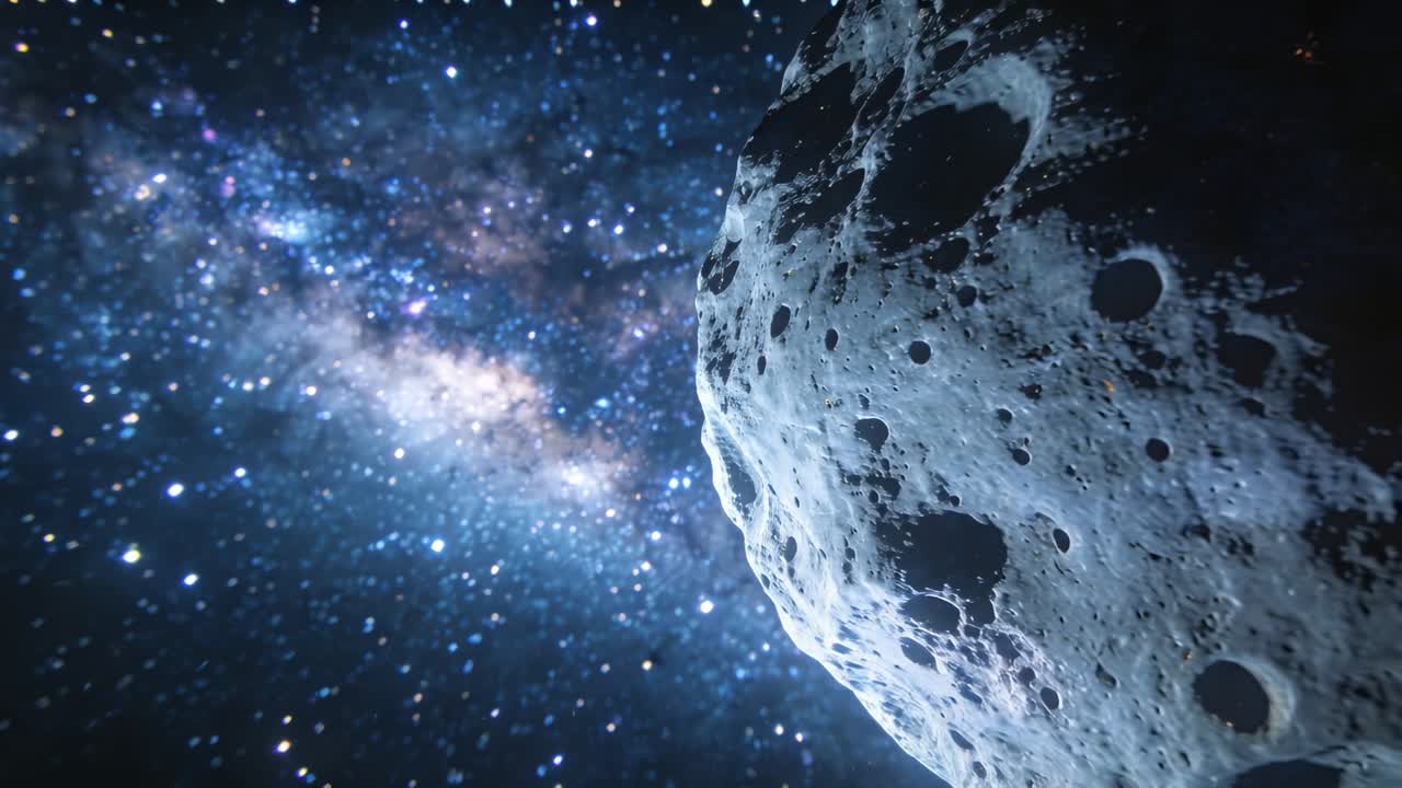 Lento sorvolo della telecamera con un asteroide in rotazione che mostra crateri nello spazio, sullo sfondo un campo stellare e una nebulosa.
