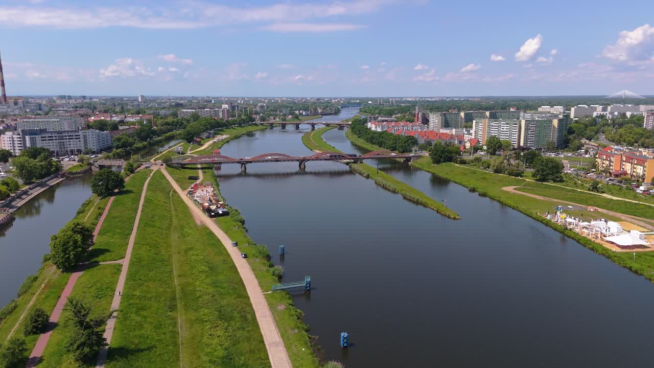 Odra River in Wrocław, Poland, showing green walkways, pedestrian bridges, and a mix of modern and historical buildings on a bright summer day, aerial view