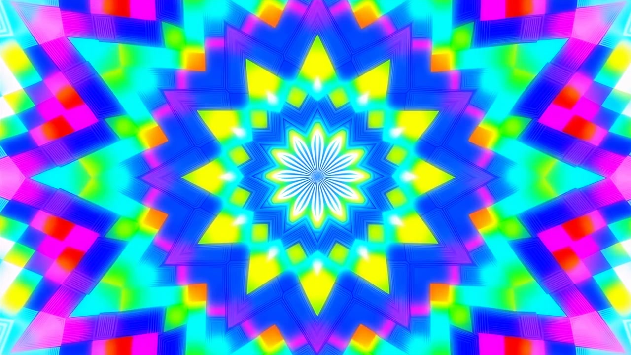 Un'esplosione stellare caleidoscopica rivela piastrelle a scacchiera in espansione, anelli concentrici stratificati, un centro floreale specchiato, una simmetria radiale luminosa e un vivido cambiamento di colore elettrico su un motivo ornamentale astratto.
